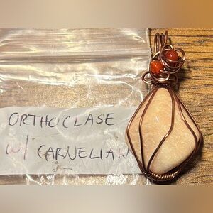 Orthoclase Pendant with Carnelian Beads in Antique Copper Wrap